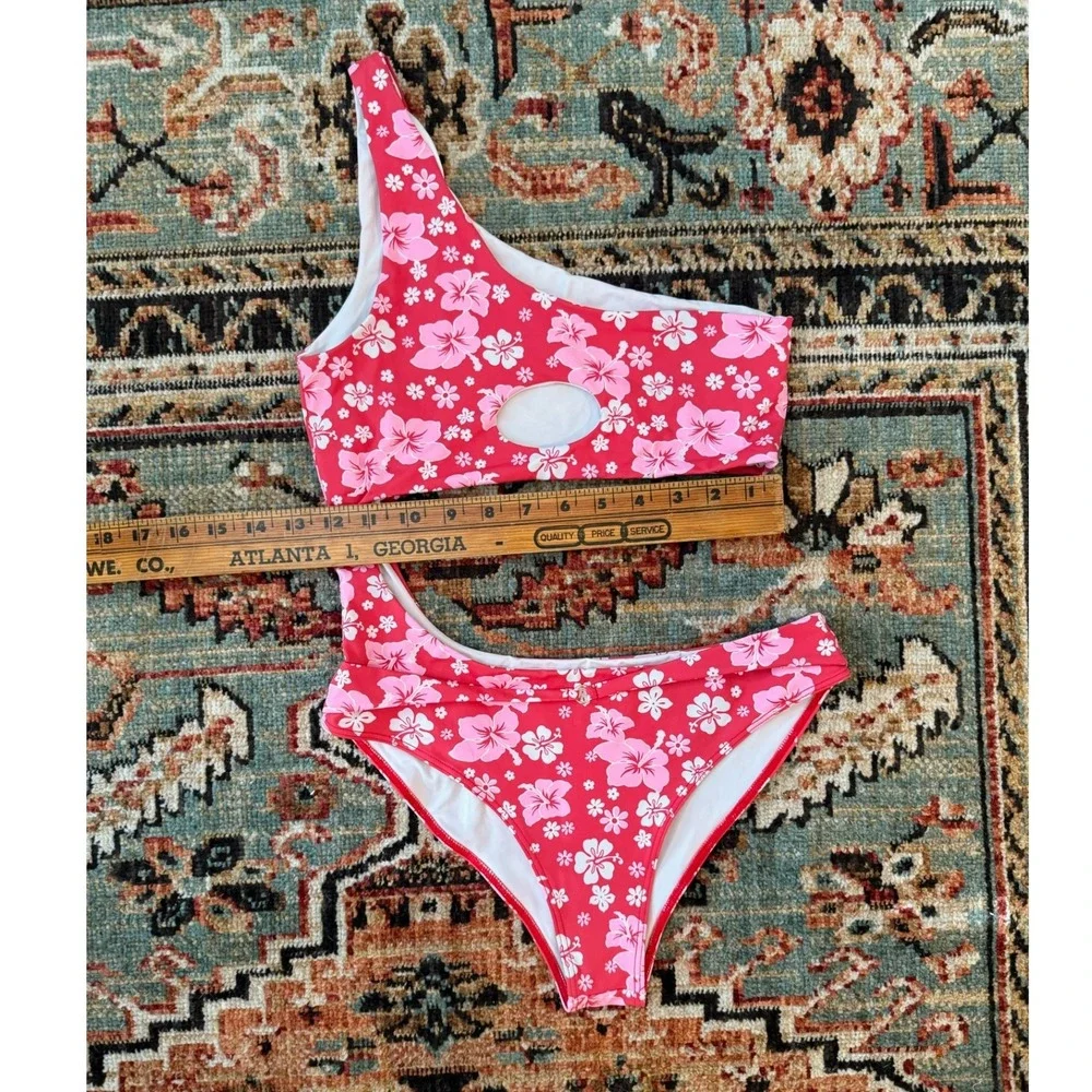 Frankies Bikinis Mila Red Pink Floral One Shoulder Cut Out Swimsuit Womens M